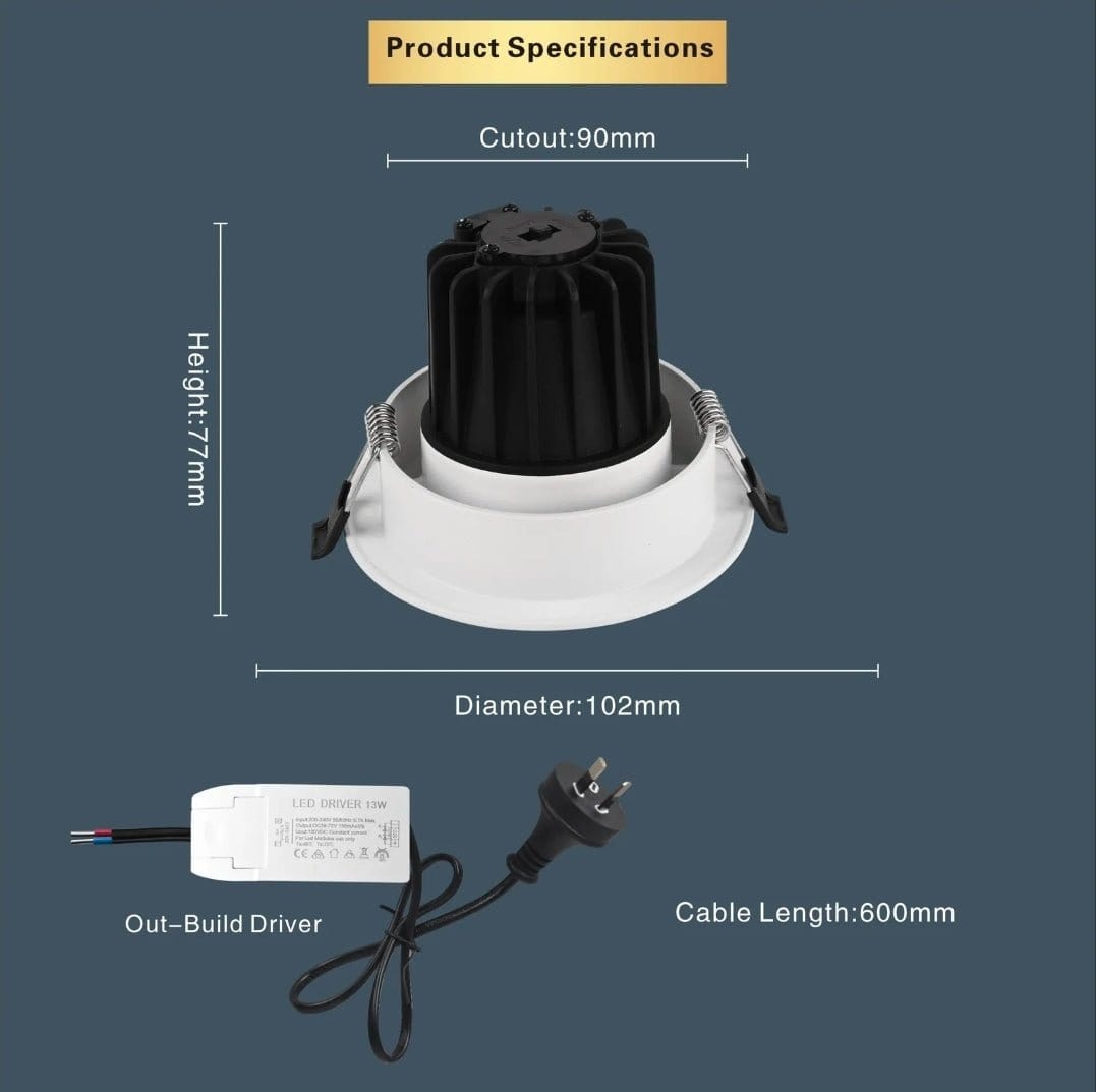 Eclux LED Downlight EYRE 13W Tri-Colour Dimmable COB Low-glare Tiltable LED Downlight 90mm Cut Out