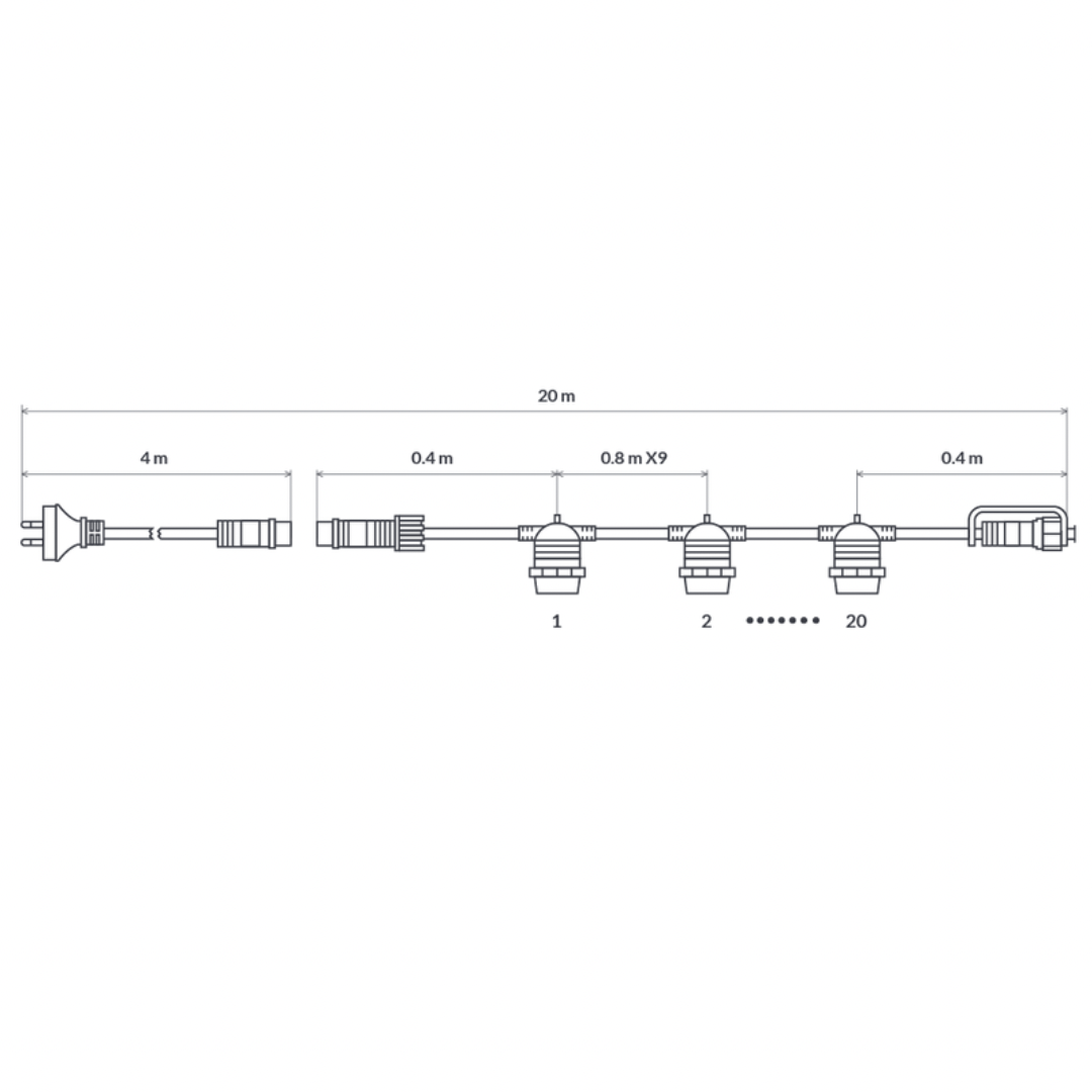 LiquidLEDs Outdoor 20 meter Black IP65 Festoon Kit (Free Globes included) BF20B-E27-240V