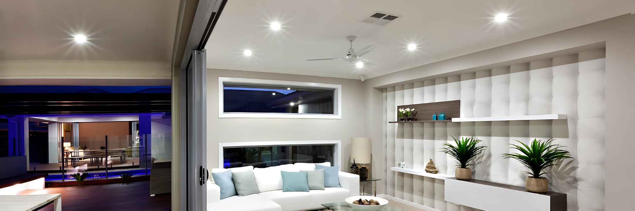 Energy-efficient recessed LED downlight with a warm white glow, ideal for living room ambiance.