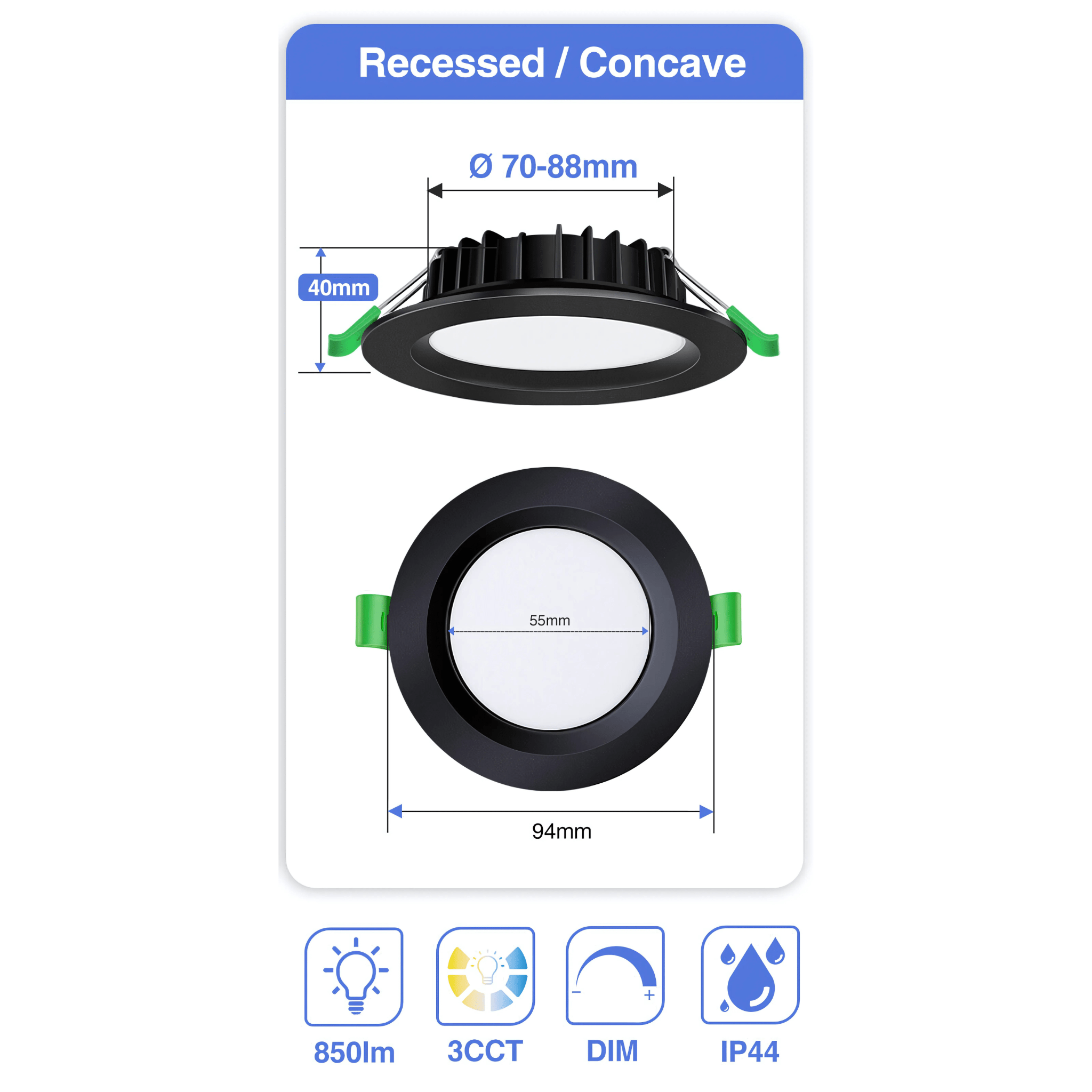 Green Earth Lighting Australia Home & Garden > Lighting Fixtures 10W Tri-Colour Dimmable LED Downlight | 70mm Cut Out | Uluru Mini ULURUMBK