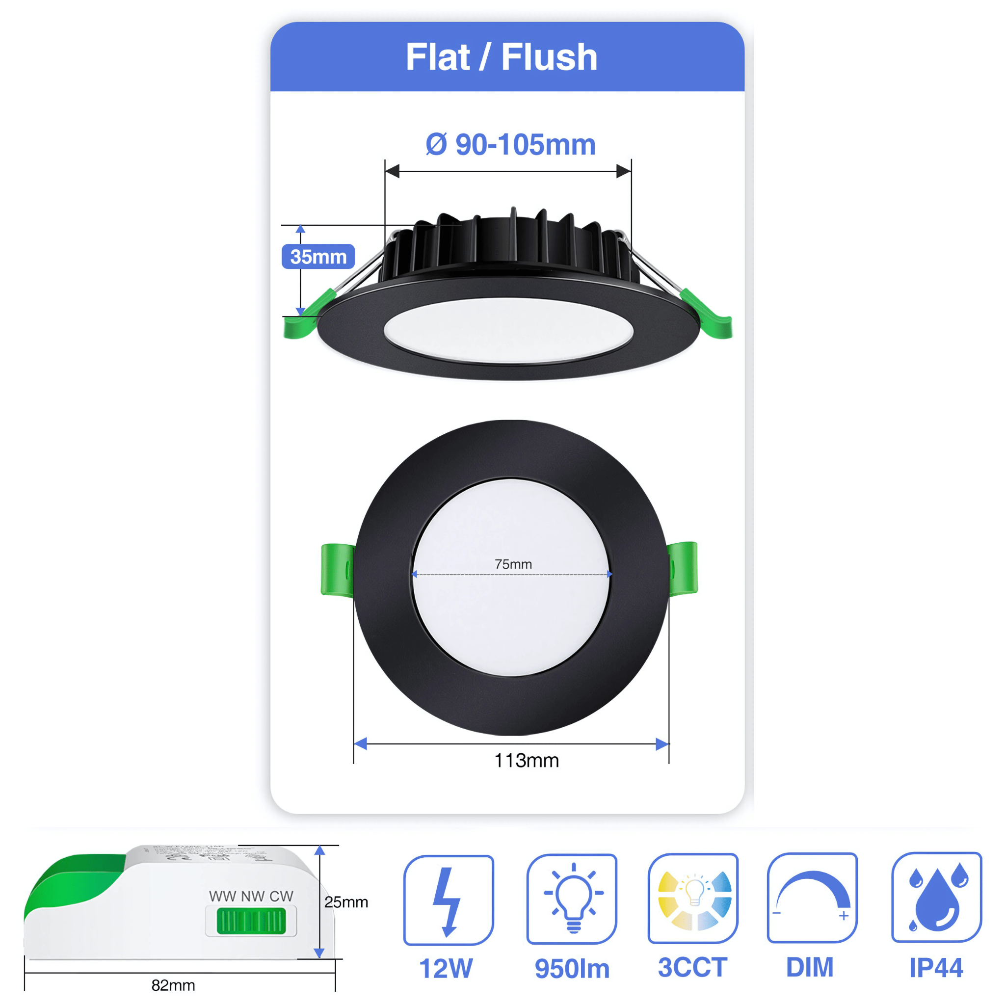 Green Earth Lighting Australia Home & Garden > Lighting > Ceiling Lights 12W Tri-Colour Dimmable LED Downlight | 90mm Cut Out | Matilda MATILDABL