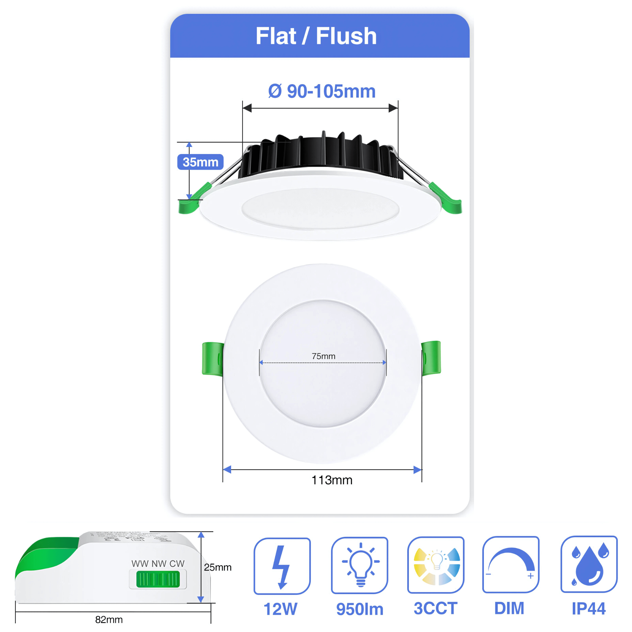 Green Earth Lighting Australia Home & Garden > Lighting > Ceiling Lights 12W Tri-Colour Dimmable LED Downlight | 90mm Cut Out | Matilda MATILDAWH