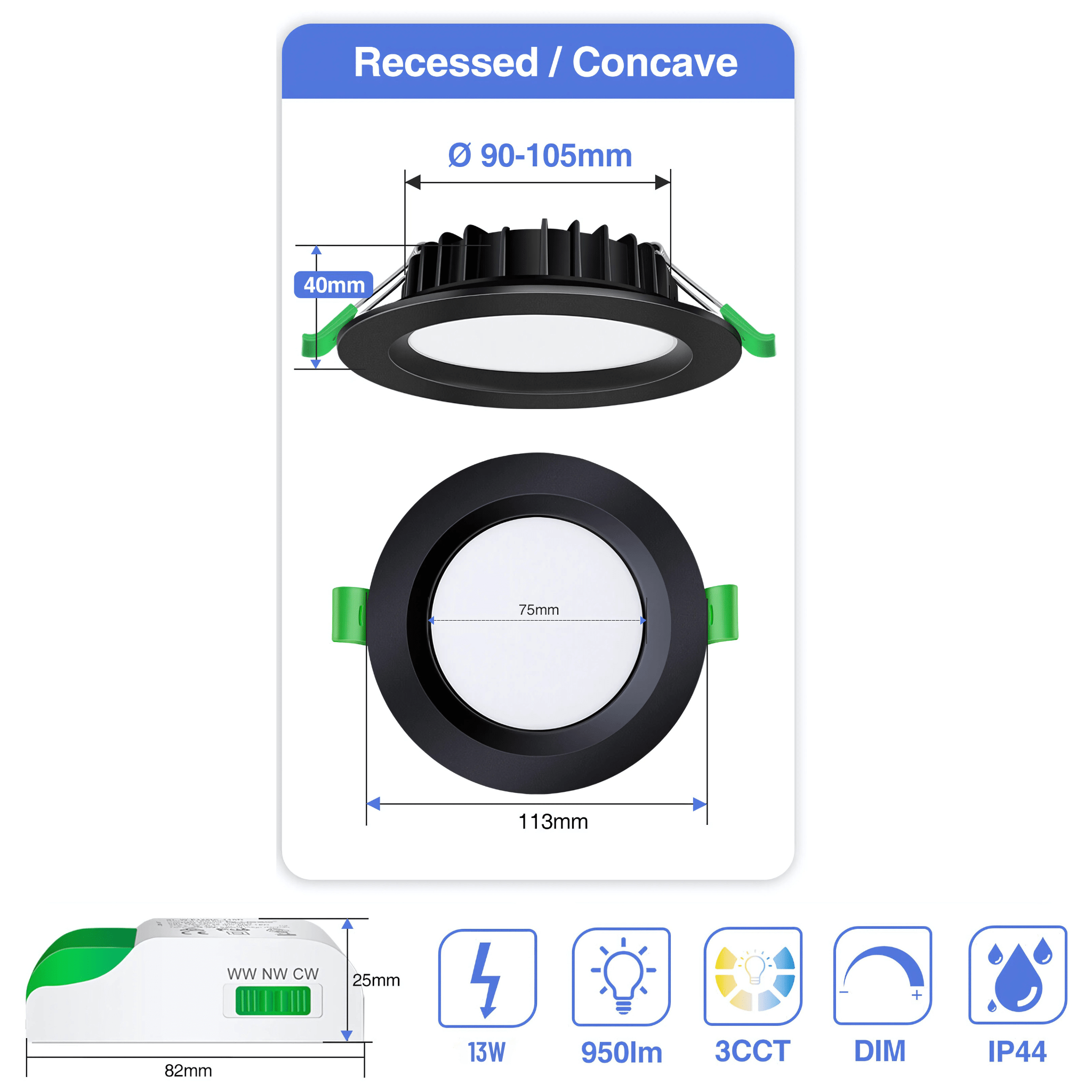 Green Earth Lighting Australia LED downlight 13W Tri-Colour Dimmable LED Downlight | 90mm Cut Out | Uluru FAA1180A/R/BK