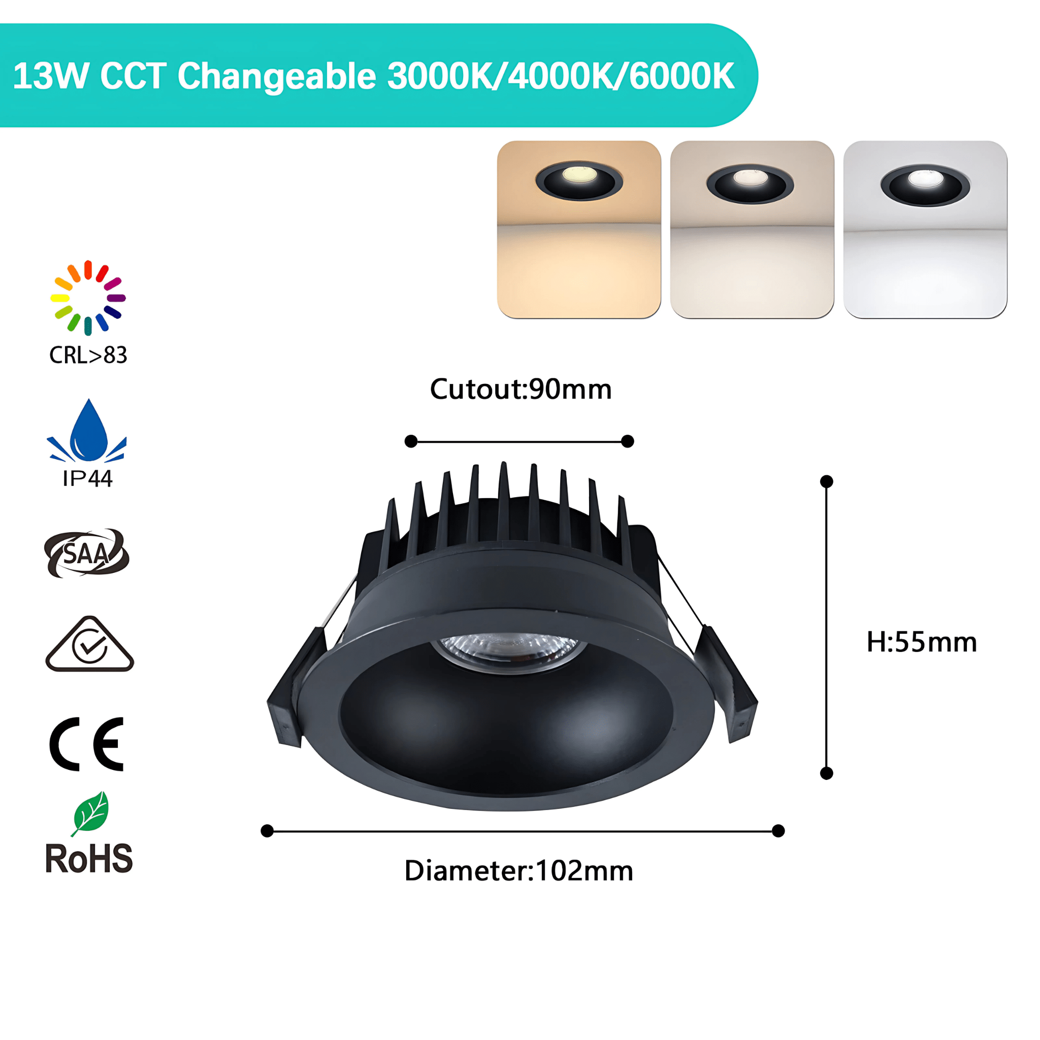 Green Earth Lighting Australia Home & Garden > Lighting 13W Tri-Colour Dimmable LED Downlight | 90mm Cut Out | Nullarbor AS-TD138TAC-B