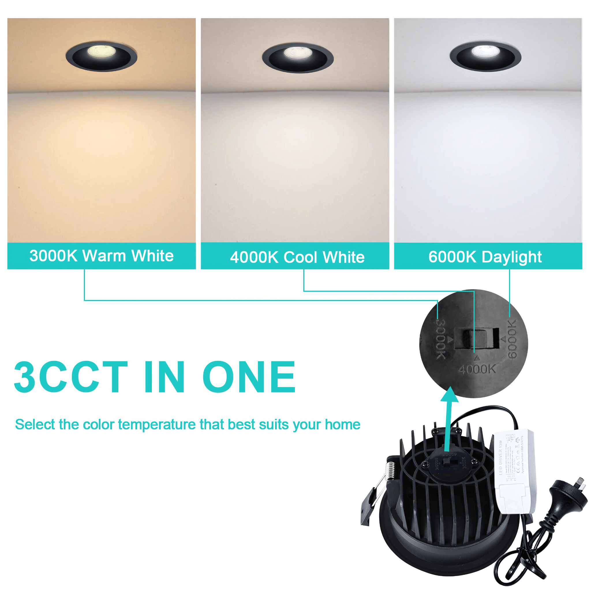 Green Earth Lighting Australia Home & Garden > Lighting 13W Tri-Colour Dimmable LED Downlight | 90mm Cut Out | Nullarbor AS-TD138TAC-B