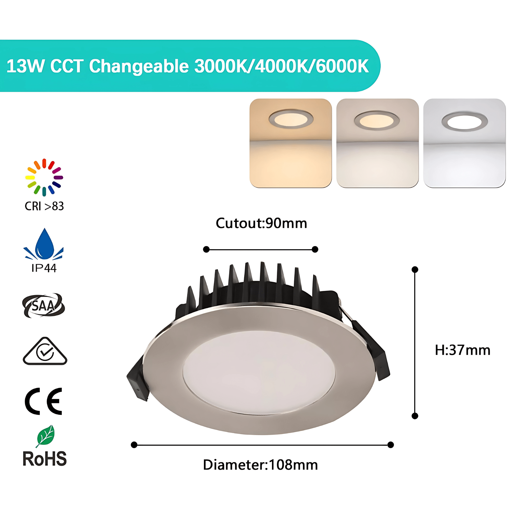 Green Earth Lighting Australia Home & Garden > Lighting 13W Tri-Colour Dimmable LED Downlight | 90mm Cut Out | Kakadu KAKADUSC