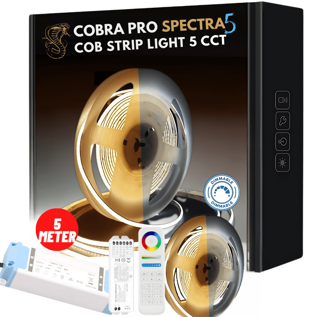 Green Earth Lighting Australia IP20 COB STRIP LIGHTING 70W DIY 5 meter Strip Kit (with plug in driver +controller pack) 14W/m COB Pro Spectra5 LED Strip Light - CCT COBRAPRO5MDTW