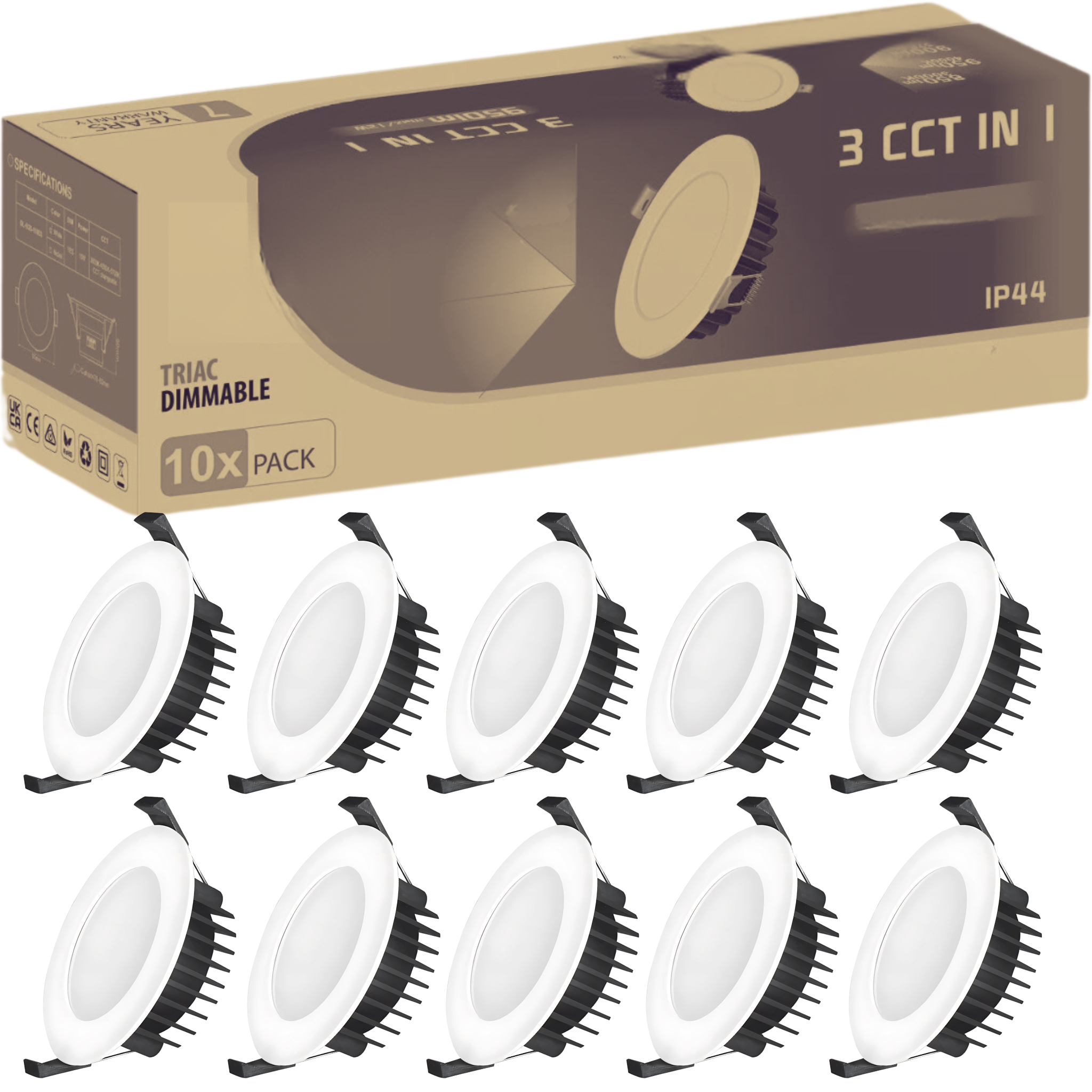 13W Tri-Colour Dimmable LED Downlight | 90mm Cut Out | Kakadu Trade Pack 10