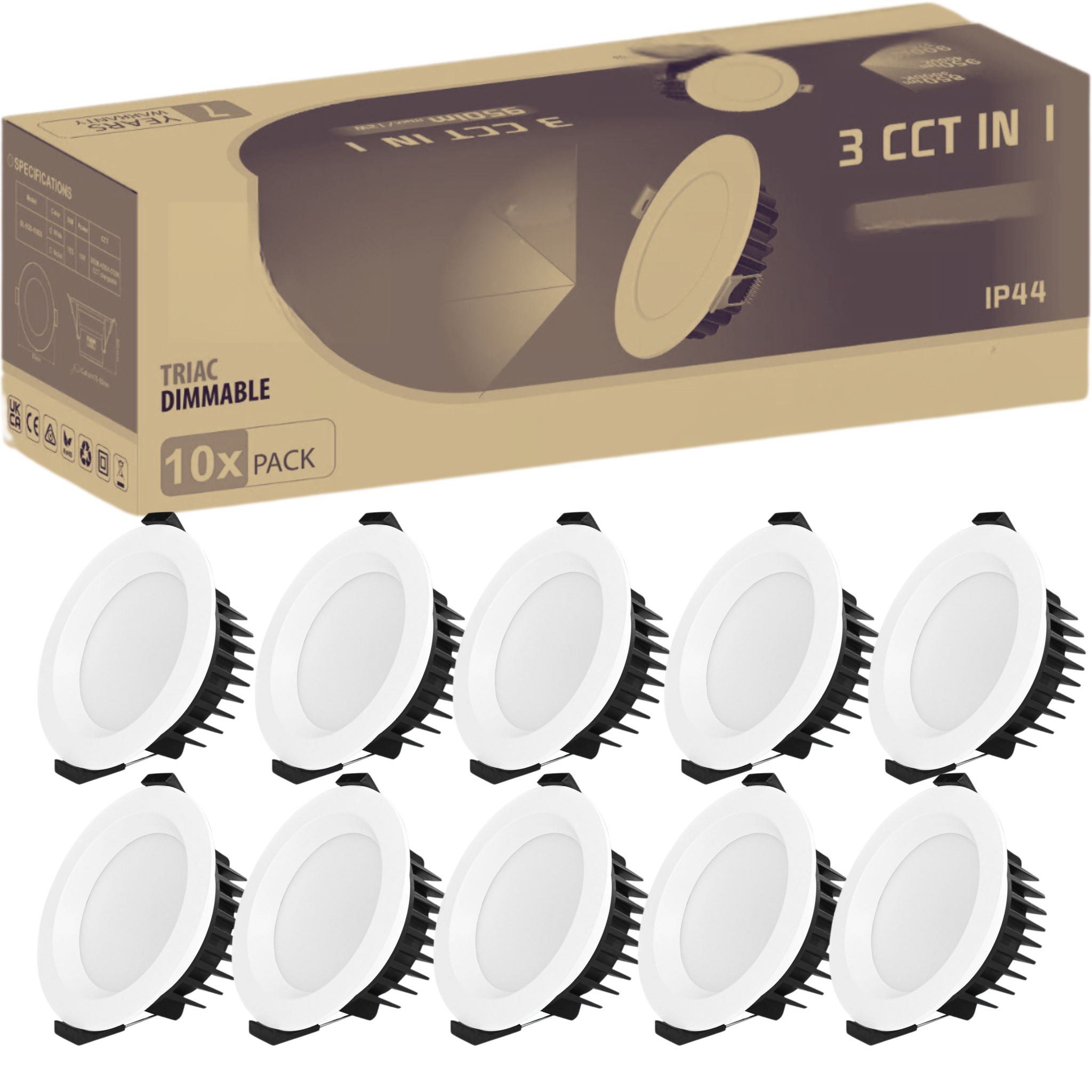 13W Tri-Colour Dimmable LED Downlight | 90mm Cut Out | Uluru Trade Pack 10
