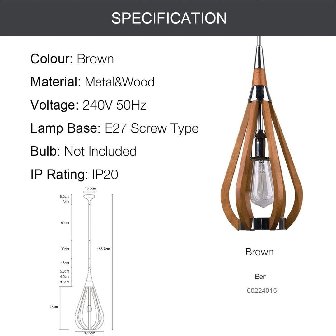 Green Earth Lighting Australia Pendant BONITO 1-Light Dark Brown Timber Pendant Light with a tear drop shape