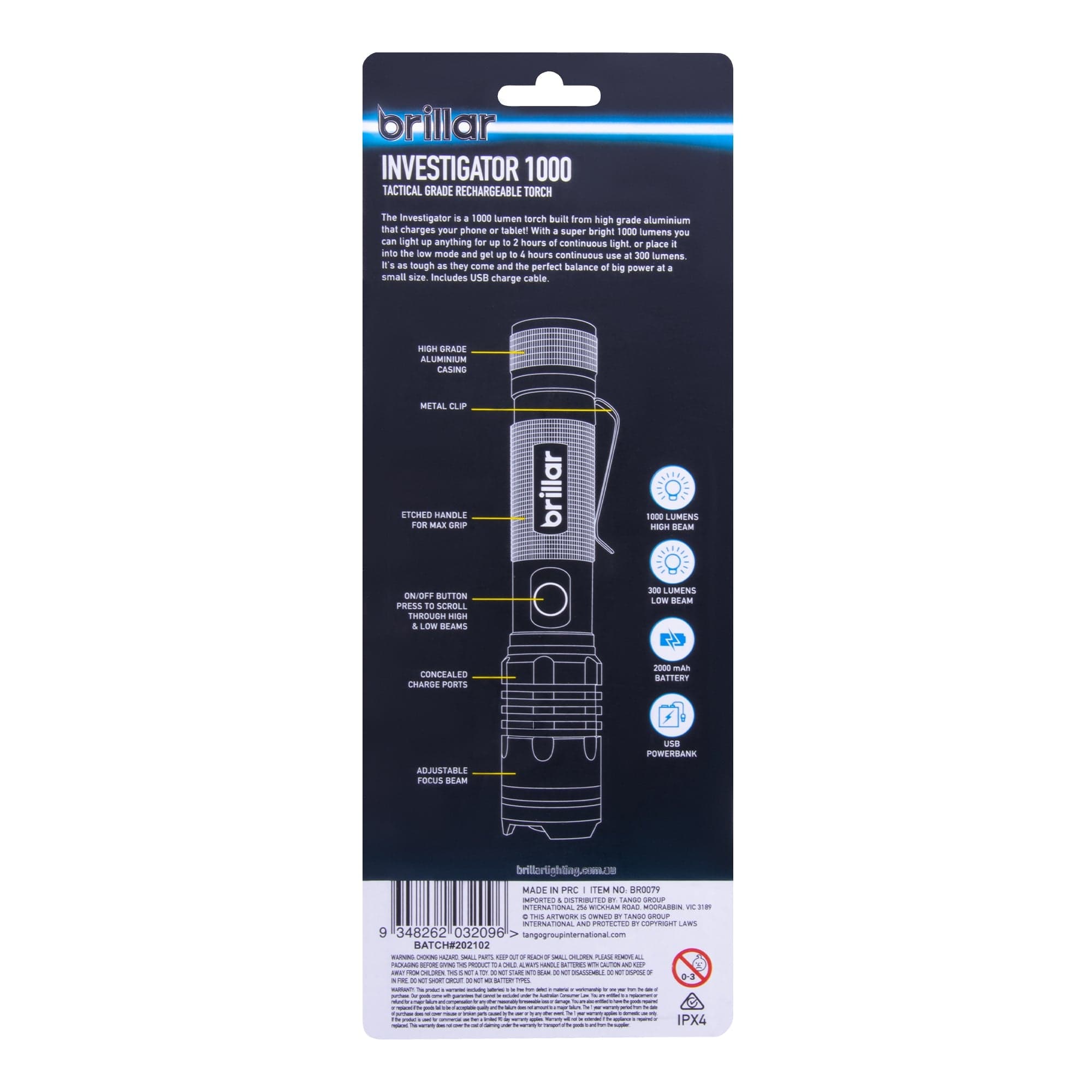 Brillar Electrical Investigator - 1000 Lumen USB Rechargeable Torch BR0079