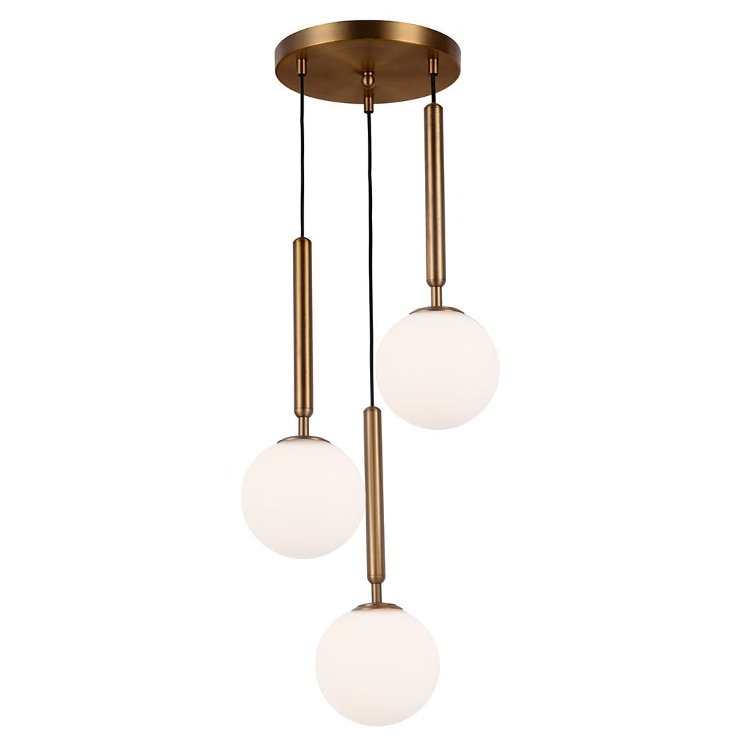 Cafe Lighting Chapel brushed brass pendant with floating glass spheres