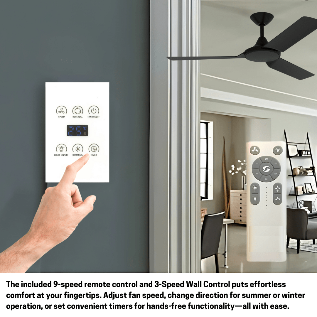 Domus Lighting Ceiling Fan AXIS 3 Blade 1220mm 48" DC Ceiling Fan - Black + Wall Control 60020WC