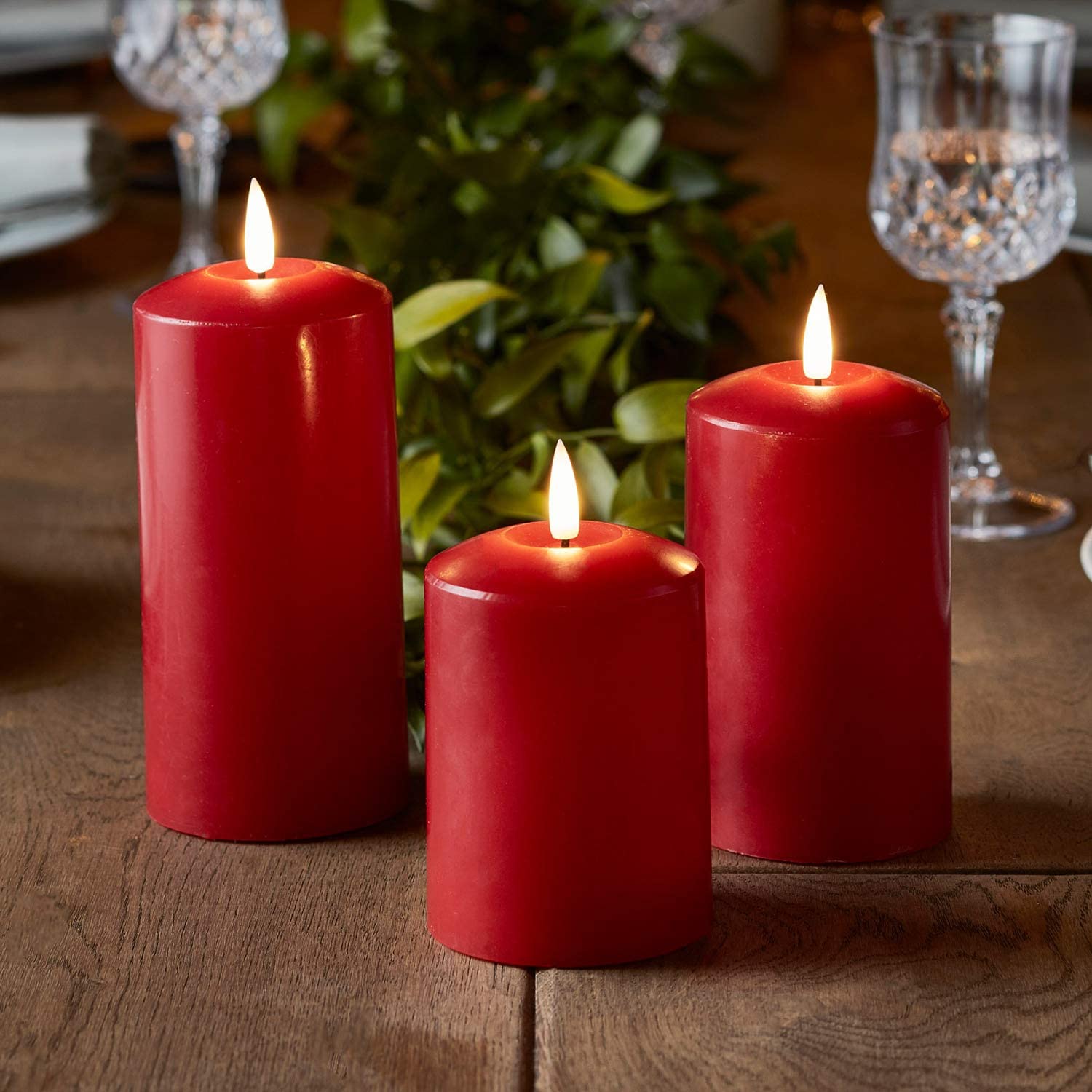 Lexi Lighting Christmas Table Decoration&Candle Set of 2 LED Red Wax Pillar Candles - 3 Size Options