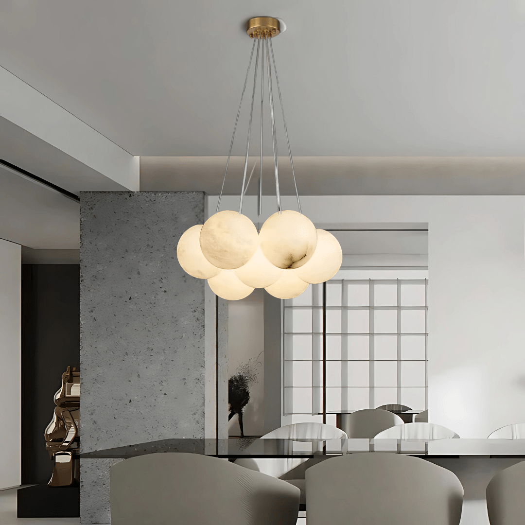 Green Earth Lighting Australia Chandeliers MADISON Cloud Brass 7 Light Alabaster Orb Pendant 20847