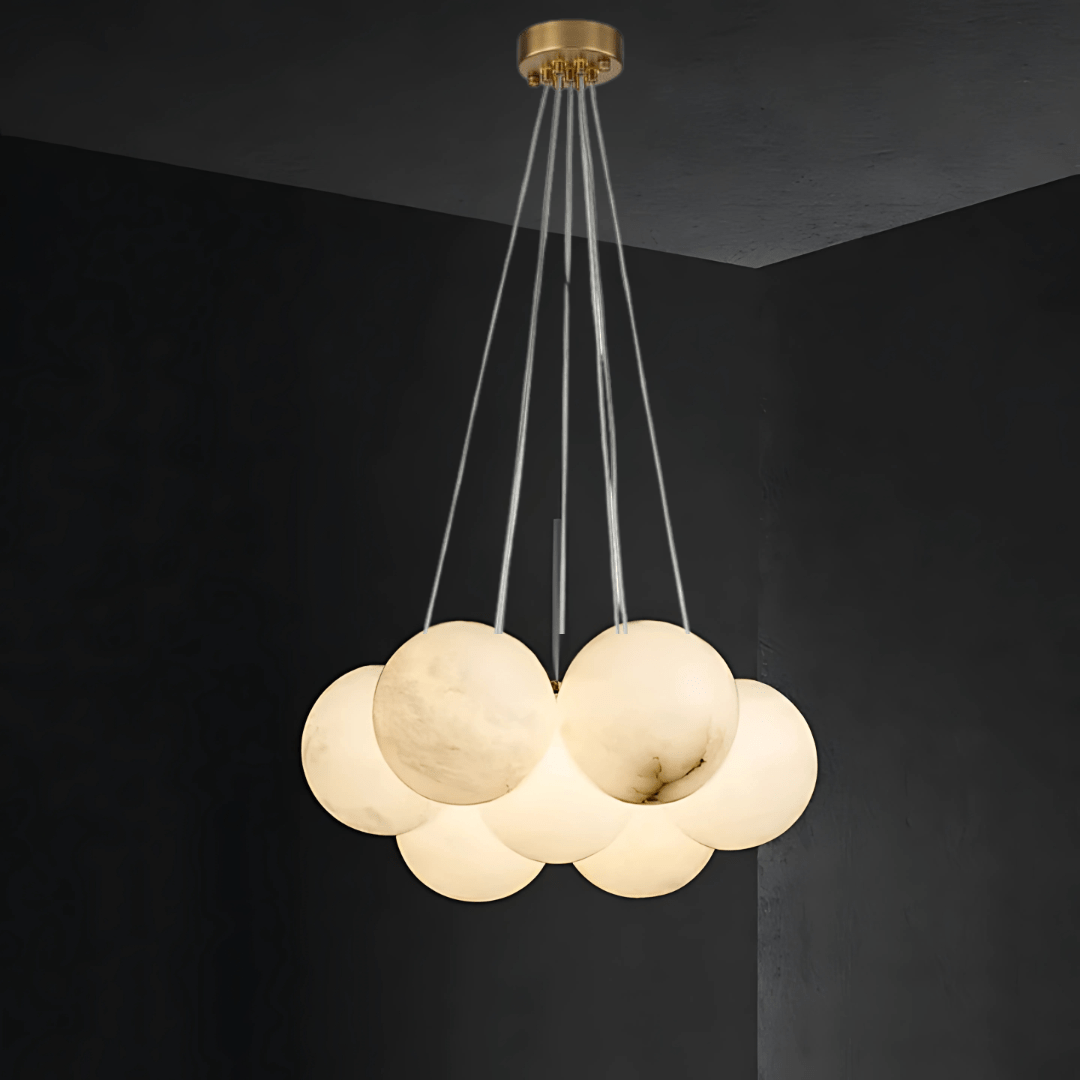 Green Earth Lighting Australia Chandeliers MADISON Cloud Brass 7 Light Alabaster Orb Pendant 20847