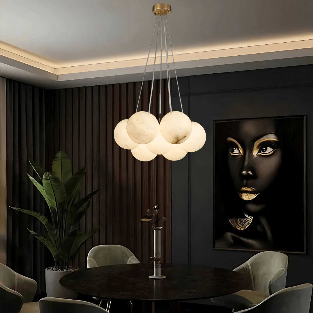 Green Earth Lighting Australia Chandeliers MADISON Cloud Brass 7 Light Alabaster Orb Pendant 20847
