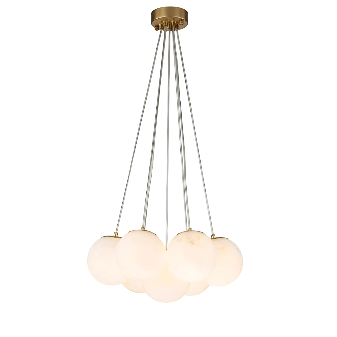 Green Earth Lighting Australia Chandeliers MADISON Cloud Brass 7 Light Alabaster Orb Pendant 20847