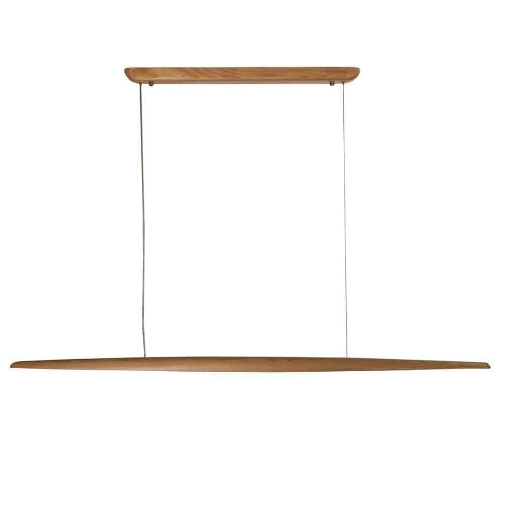 Oriel Eastoff LED pendant with hand-finished ash timber and warm lighting.
