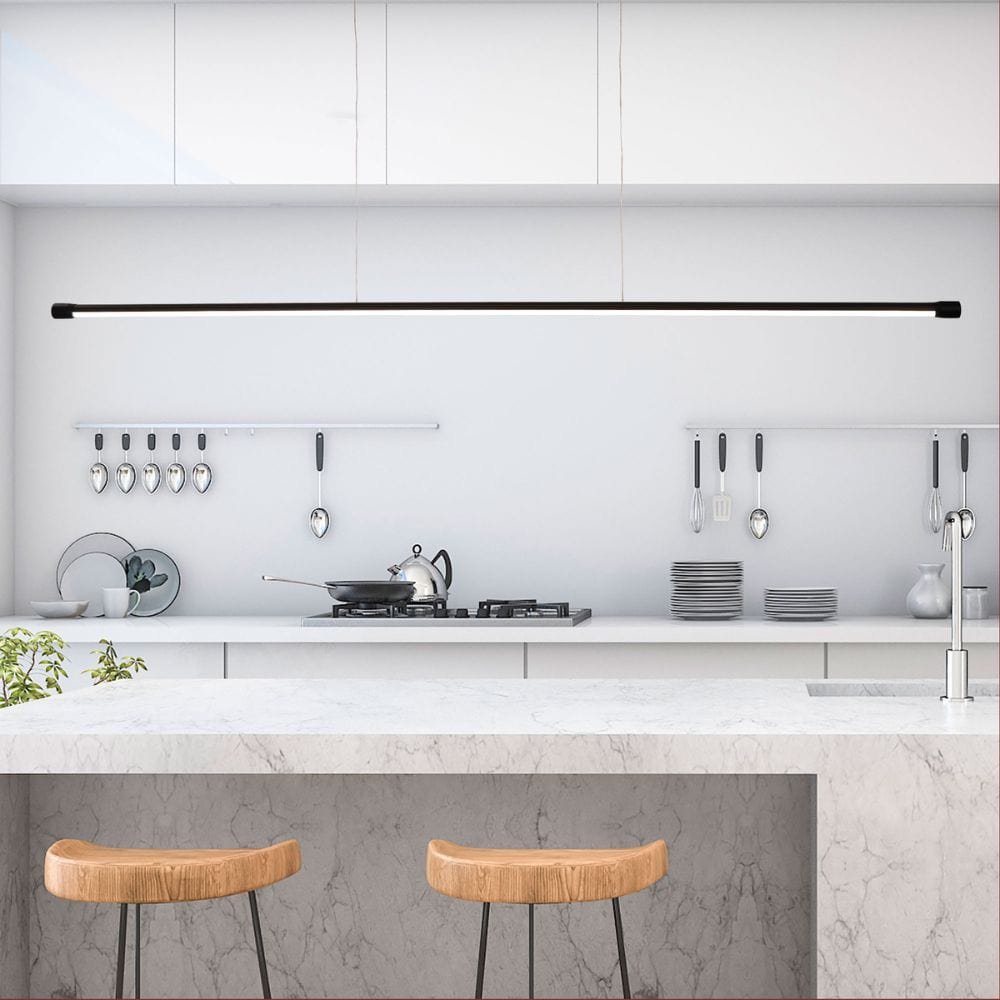 Minimalist black linear LED pendant with tri-colour functionality.