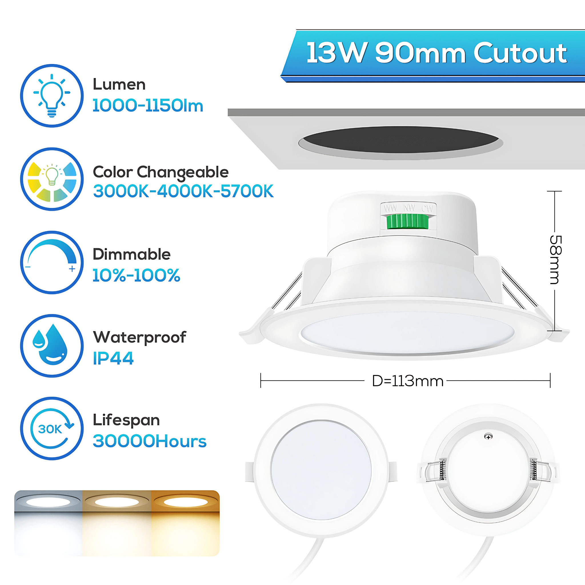 Green Earth Lighting Australia Home & Garden > Lighting 13W Tri-Colour Dimmable LED Downlight | 90mm Cut Out | Reno Powerlux